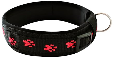 Buddypack-Pfötchen-Hundehalsband breit gepolstert (Rot-Schwarz, XXS) | 4 cm breit für kleine, 5 cm breit für große Hunde, Größe verstellbar, stabiler Klickverschluß, weiches Neopren-Polster