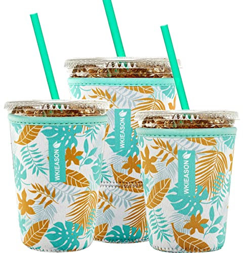 Reusable Iced Coffee Insulator Sleeve for Cold Beverages and Neoprene Cold Coffee Cup Sleeves Cooler Cover 16-24OZ 32oz for Starbucks Coffee, McDonalds, Dunkin Donuts, More (Leaves Print)