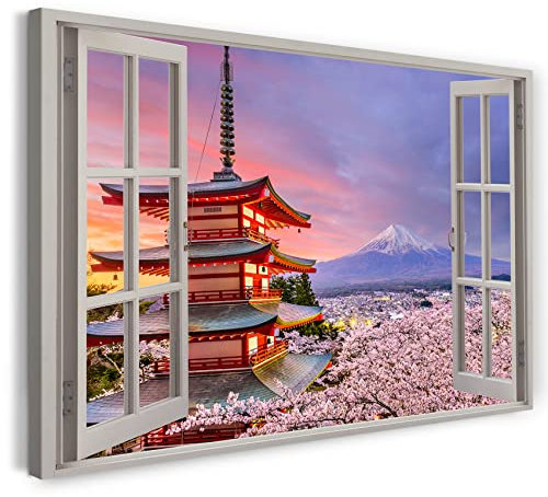 Printistico Bilder Fensterblick 100x70cm Baumwoll-Leinwand auf Keilrahmen mit Aufhänger moderner Kunstdruck XXL Wandbilder Wand-Dekoration Fuji Tempel Japan Sonnenuntergang Asien - Natur-Fotografie