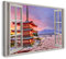 Printistico Bilder Fensterblick 100x70cm Baumwoll-Leinwand auf Keilrahmen mit Aufhänger moderner Kunstdruck XXL Wandbilder Wand-Dekoration Fuji Tempel Japan Sonnenuntergang Asien - Natur-Fotografie