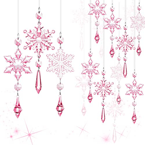 15 Stück Weihnachtsschmuck Baumschmuck Kristall Acryl Schneeflocke Tropfen Girlande Klare Kronleuchter Anhänger Kristall Perlen Ornamente für Weihnachten Hängende Party Deko (Hellrosa)