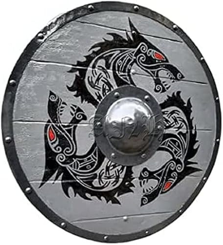 OVERSEAS MART Mittelalter Krieger Holz Wikinger Schild Rund Schild Drachen Gesicht Wikinger Schild für Halloween, Cosplay, Rollenspiele und Theaterspiele (24 Zoll)