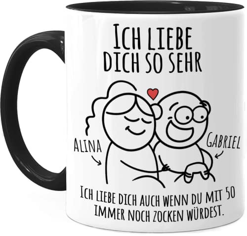 Tassenliebling® Pärchen Tasse personalisiert Schwarz - Ich liebe dich so sehr - Zocker Geschenk - Lustiges Geschenk für Männer zum Jahrestag - Liebesgeschenke Mann - Valentinstag