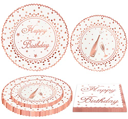 120 Pack Rose Gold and White Party Plates Rose Gold & White Tableware Set Girls Birthday Party Plates - Rose Gold Birthday Plates, Napkins Women's Party Decoration Serves 40