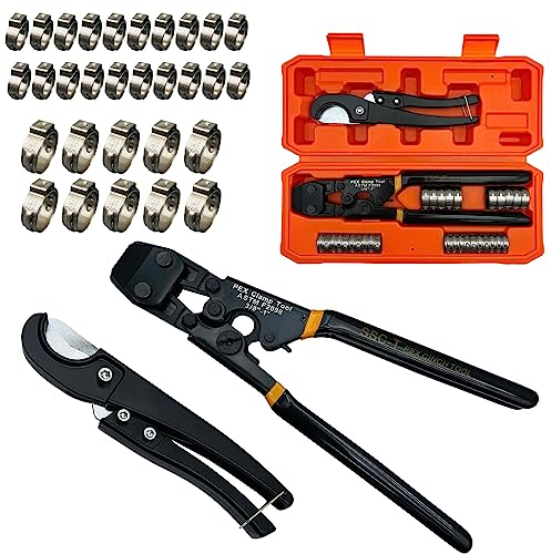 PEX Rohrschelle Cinch Werkzeug Crimpzange Crimper für Edelstahlschellen von 3/8 Zoll bis 1 Zoll mit 1/2 Zoll 20 Stück und 3/4 Zoll 10 Stück SS PEX Klemmen, mit Rohrschneider in Kunststoffbox