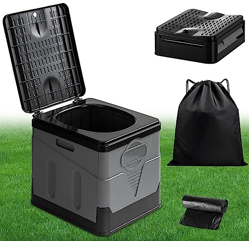 JYUHA Camping Toilet Portable, Adult Folding Travel Toilet Grey Fishing Toilet Foldable Car Toilet with 12 PCS Toilet Bags 1 PCS Storage Bag, Campervan Toilet for Picnic Hiking Fishing