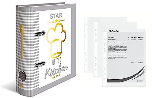 HERMA 15416 Rezeptordner DIN A5 Star of the Kitchen zum Selberschreiben & Esselte Prospekthüllen-Set, 100 Stück, A5 Format mit Universal-Lochung