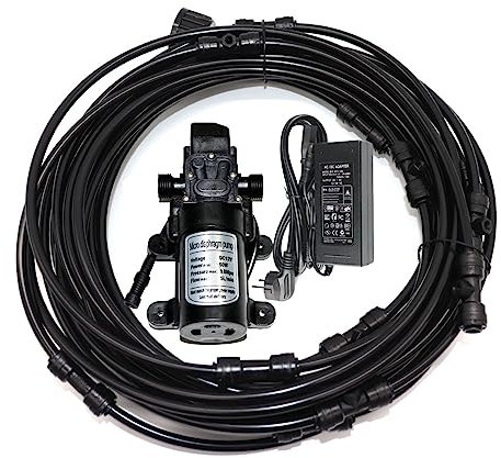 Kit de Sistema de Enfriamiento Por Nebulización para Exteriores, Sistema de Nebulización para Patio con Bomba de 12 V, Adaptador de 3/4 y Boquilla de Niebla de Latón para Patio, Riego, Jardín, Hogar