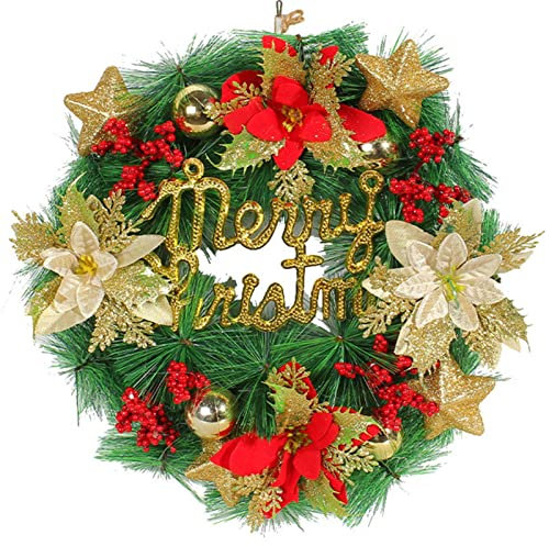 Weihnachtskranz,Feiertags-roter und Goldener Kranz mit frohen Weihnachten - Tür- und Fensterdekorationen, rote und goldene Ornamente, 13,8-Zoll-Kranz für die Winterparty Decorhome