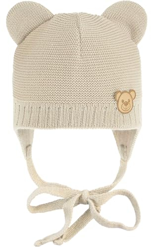 CiuchCiuch Baby-Mütze mit Ohren zum Binden Bär - Wintermütze Mädchen Jungen Baby Kinde- Für Weihnachten - Zur Taufe - 100% Acryl - Futter aus Baumwolle und Elasthan - Beige 44-46 cm