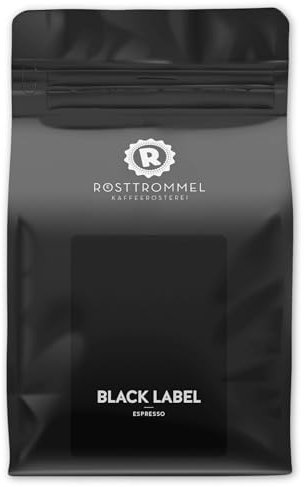 RÖSTTROMMEL BLACK LABEL - Special Blend ESPRESSO, Ganze Kaffee-Bohnen 1kg, 50% Arabica, 50% Canephora, Röstung 8.5/10, 50% Brasilien, 50% Indien, Geschmack: cremig - kräftig - zartbitter Schokolade