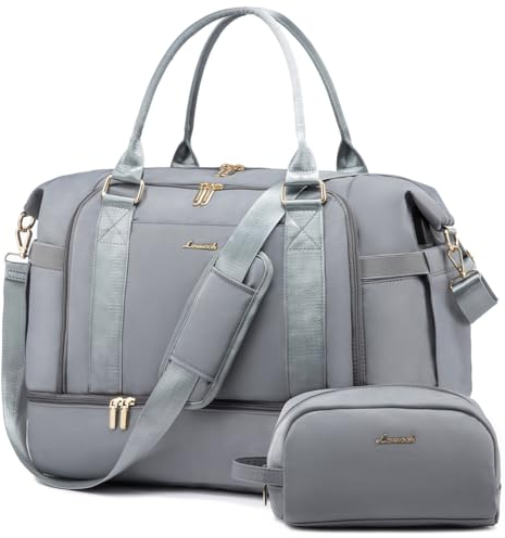 LOVEVOOK Sporttasche Reisetasche Damen, Weekender Travel Duffle Bag mit Kulturtasche, Schuhfach & Nassfach, Wasserdicht Schwimmtasche Saunatasche, Handgepäck Tasche für Reisen Fitness, Grau