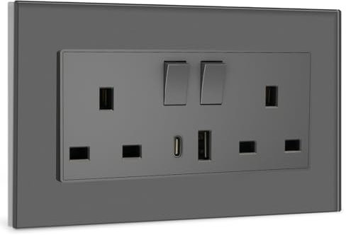 BSEED Double Switched Sockets with USB C and USB A Charging Ports, UK Standard Electric Power Sockets with Glass Panel, 2 Gang 13A Wall Socket, Grey
