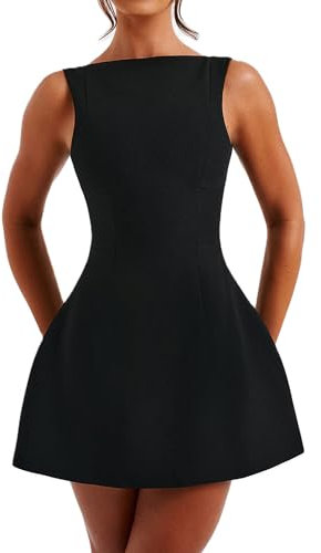 Acrawnni Women Cap Sleeve Mini Dress Mock Neck Zipper Fake Pockets Slim Flare Tank Short Dress Elegant A Line Dress Clubwear (B-Black, L)