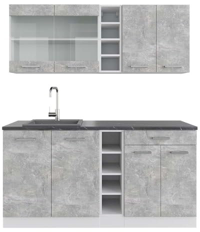 Vicco Singleküche R-Line, Küchenzeile Single, Beton/Weiß, 160 cm, AP Anthrazit