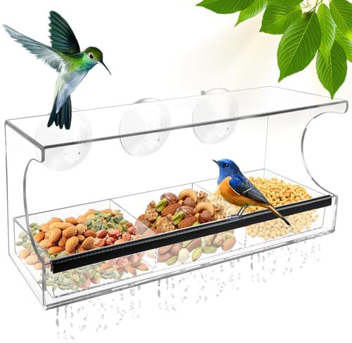 Fenster Futterhaus für Vögel Fenster Vogelhaus Fensterscheibe, Vogelfutterhaus aus Acryl, Vogelfutterspender Fenster mit 3 Extra Starken Saugnäpfen und 3 Fächern, Transparenter 30 x 10 x 13 cm