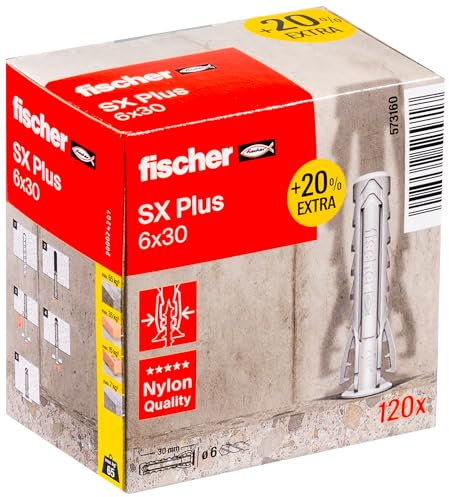 fischer Tobillo de Nailon multimaterial SX Plus 6 x 30 + 20% de Contenido Adicional Gratis/Caja de 120, 6x30