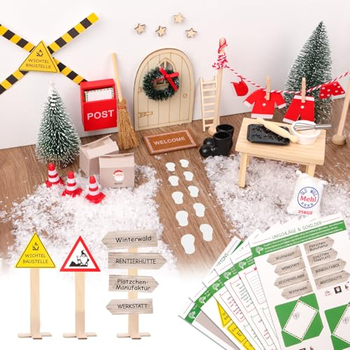 GEBETTER 52 Stück Wichteltür Set mit Briefe, Baustelle, Briefkasten, Stiefel, Kranz, Leiter Wichtel Zubehör Weihnachten Wichtelbriefe Weihnachtswichtel Adventskalender Kinder Deko