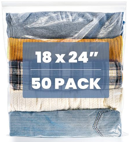 Elsjoy 50 Pack 18 x 24 Large Reclosable Storage Bags, 5 Gallon Resealable Zipper Plastic Bags for Clothes, Clear Reusable XL Zip Bags for Moving, Food, Clothing