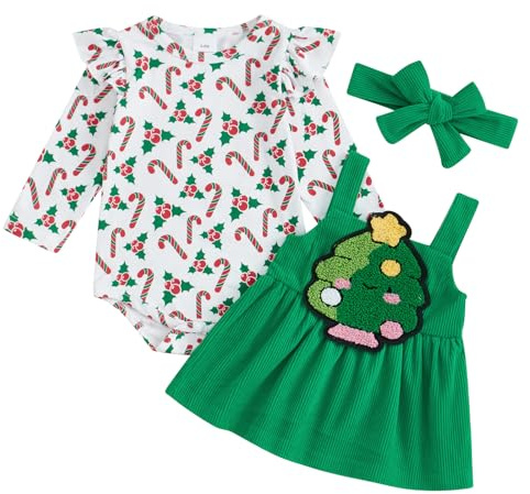 Himllauen Completo da 3 Pezzi per Neonata Bambina Autunno Carino Outfit Albero di Natale/Babbo Natale/Ghiaccioli Stampa Tuta Manica Lunga+ Fascia per Ragazze