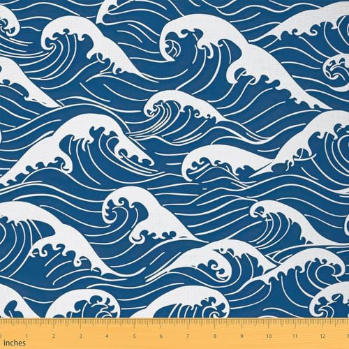 Loussiesd Japanisch Wellen Stoff Meterware 92x150cm Meer Ozean Wellen Dekorative Patchwork Stoffe Japanisch Stil Wasserdichter Stofffor Stühle Japanisch Ukiyoe DIY Reupholstery Polsterstoff