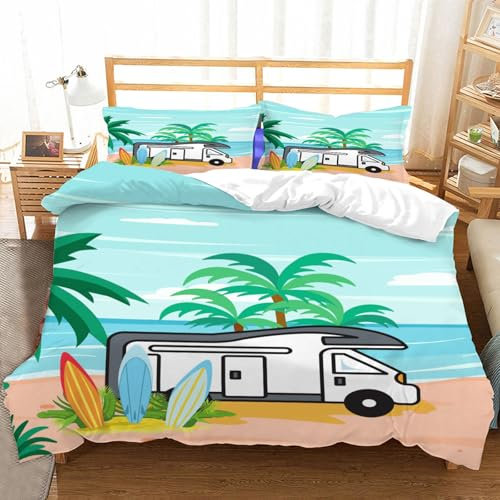 Hongduo 3D Camping Auto Bettwäsche Set 135x200 cm Weich Mikrofaser Camping Motiv Bettwäsche-Set mit Reißverschluss 3 Teilig Bettbezug mit Kissenbezug 80x80 cm