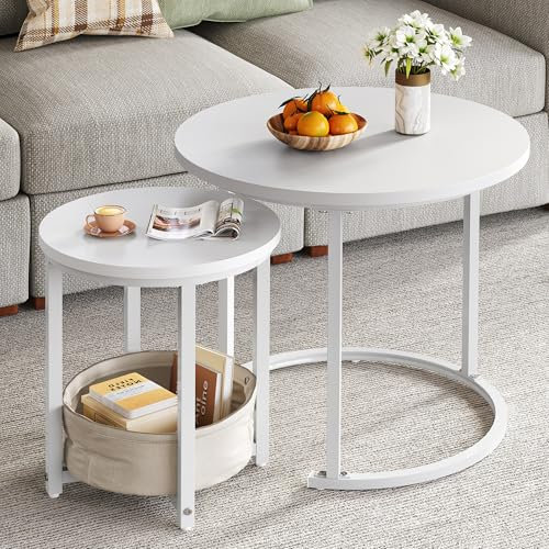 YITAHOME Couchtisch 2er Set Rund, Wohnzimmertisch Modern mit Stofftasche zur Stauraum, Beistelltisch 2er Set Stapelbar mit Holzplatte und Metallrahmen, Couch Tisch Wohnzimmer Heimbüro