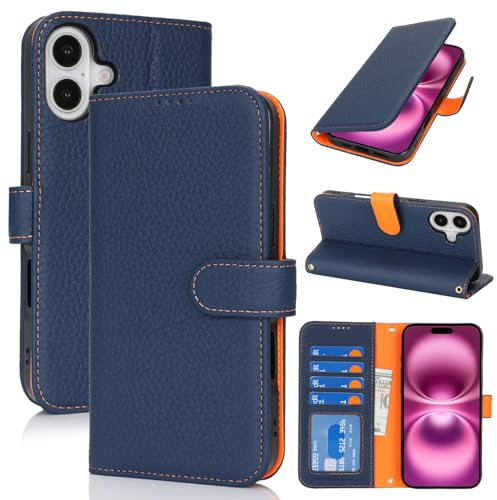 Zouzt Leather Wallet Case for iPhone 16 Plus, 4 Card Slot, Blue & Orange | Genuine Leather, Card Holder, Shockproof TPU Shell, Magnetic Closure, Protective Flip Folio Phone Cover, For Women Men