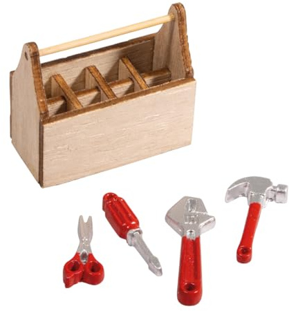 Rayher Miniatur-Werkzeugkiste, Holz, FSC zertifiziert, 4,5 x 2,5 x 4,1 cm, inklusiv 4 Werkzeuge, Miniatur Möbel Wichtel, Wichtel Zubehör, Puppenstube Zubehör, 46817000