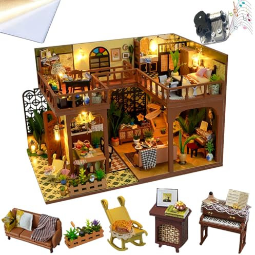 TOPBSFARNY DIY Miniatur Puppenhaus Bausatz, Vintage Miniatur Loft Haus mit Staubschutz und musikalische Bewegung, Holz Haus Modell Set Weihnachten Geburtstag Hochzeitsgeschenk