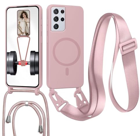 GoodcAcy Coque pour Samsung Galaxy S21 Ultra avec Cordon, Etui avec Collier - Tour de Cou Lanière en Corde - Silicone Housse avec Réglable Chaine pour Galaxy S21 Ultra,Bandouliere Coque,Or Rose