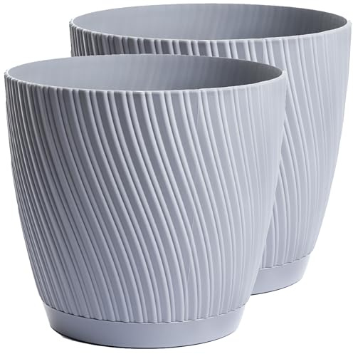 Home Garden Ornaments Large Plant Pots Indoor – Set of 2 with Drainage & Saucer Swing Indoor Plant Pot, Decorative Striped Flower Plastic Planter Design, 5 Colours & 6 Sizes (23cm / 9.1 inch, Grey)