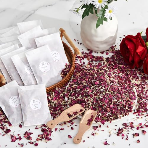 Tenare 100 Sets Wedding Confetti Bags Kit for 95-100 Guests, Includes Natural Dried Flower Rose Petals Glassine Confetti Bags Stickers Wooden Scoop and Display Box for Engagement Anniversary (Elegant)