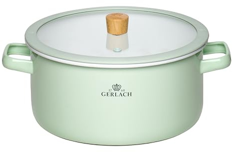 Gerlach 1760 Topf Kochtopf - 24 cm 5 L Emaille - Alle Herdarten - Deckel aus gehärtetem Glas - Pastellgrün Natur Enamel