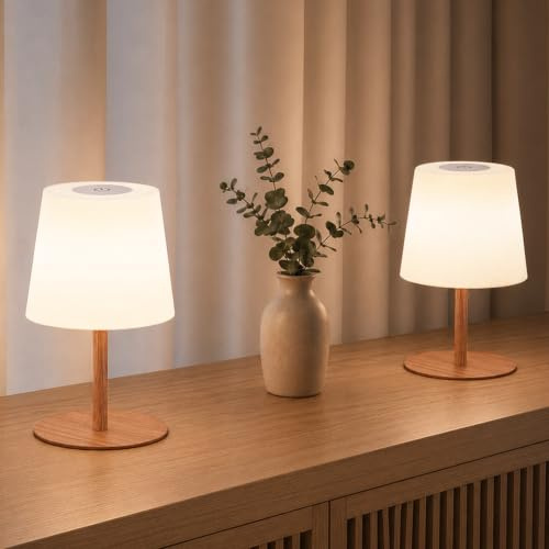 EZVALO 2er-Set Kabellose Tischlampe LED, IP65, 4500mAh USB-C, Touch-Dimmbar mit 3 Farbtemperaturen, Perfekte Nachttischlampe, Campinglampe & Tischleuchte für Outdoor und Innen (Holzfarben, 2 Stück)
