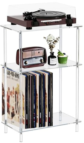DICOSMETIC Supporto per giradischi in acrilico trasparente a 3 livelli, piccolo giradischi laterale in vinile, 40 x 20 x 65 cm, comodino moderno per soggiorno, camera da letto