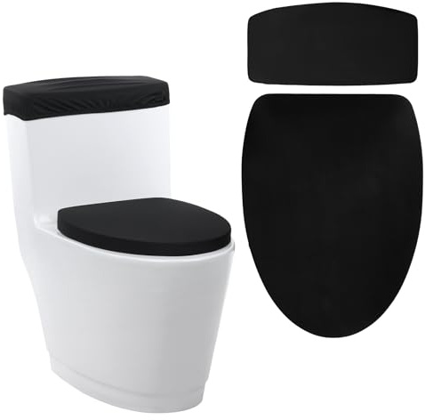 Black Toilet Lid Cover and Toilet Tank Lid Cover Set, Stretch Washable Polyester Toilet-Seat Covers, Universal Toilet-Cover Set for Most Toilets Tanks & Lids, Bathroom Decor Accessories