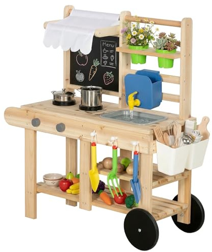 AIYAPLAY Matschküche Kinder Outdoor, Spielküche aus Holz mit echtem Wasserhahn, Spüle, Herd, Ablagefach, Wassertank, Gartenspielküche Kinderküche für Kinder ab 3 Jahre, Naturholz