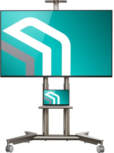 ONKRON TV Ständer rollbar 32-75, bis 50 kg, max VESA 600x400, TS1571-C | TV Rollwagen höhenverstellbar 1064-1414 mm, in Champagner, AV- & Webcam-Ablage, feststellbare Rollen; für Business & Zuhause
