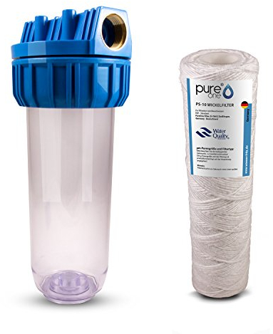 PureOne WS1 Wickelfilter-Set GROB 20µ. 1-Stufige Wasserfilteranlage 10 Zoll. Sedimente und Partikel. Filtergehäuse mit PureOne Garn-Filterkartusche. Regenwasser, Brunnenwasser, Vorfilter 1 Zoll
