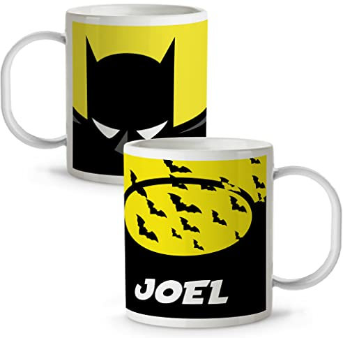 LolaPix Taza Superhéroes Personalizada con Nombre | Plástico | Vuelta al cole | Varios Diseños y Colores Interior | Murciélago