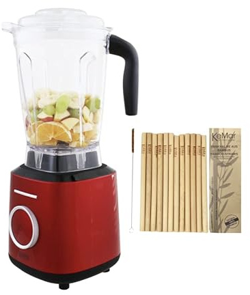 KeMar Standmixer (1500W, 2 Liter) Hochleistungsmixer, Mixer + GRATIS Bambus Trinkhalme - mit Touch Bedienung, BPA-frei | 6 Programme, Blender, Pulse, Smoothie & Milchshakes, Nussmuss (Rot Metallic)