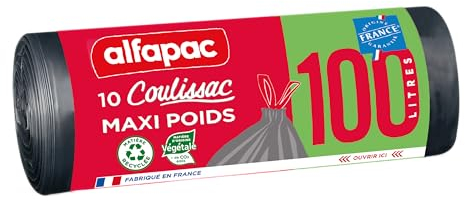 Alfapac Bolsas de Basura de 100 L con Lazos Deslizantes, Tamaño Máximo - Paquete de 10 Bolsas