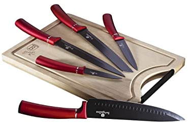 Berlinger BH-2552 Haus Burgundy 5er Set Profi Küchenmesser, Bambus Schneidebrett, Edelstahlklinge Antihaftbeschichtung, Kochmesser Brotmesser Tranchiermesser Schälmesser Mehrzweckmesser Metallic Line Design