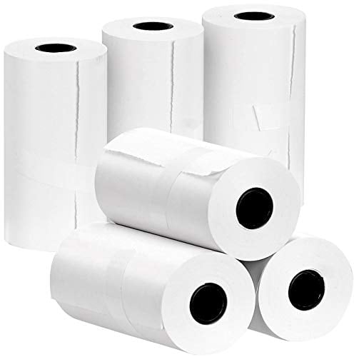 Callstel Thermorollen BPA-frei: 6er-Set selbstklebende Etiketten-Rollen, 57 mm Breite, je 4,3 m, weiß (Thermodrucker-Rollen BPA-frei, Papieretiketten, Flaschenetiketten)