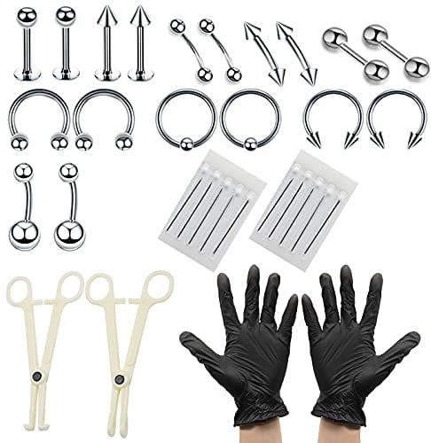 YancLife 41 Stück Piercing Set, 1.2mm Edelstahl mit Klemmhandschuhen Body Piercing Werkzeugset für Bauchnabel/Zunge/Brustwarze/Braue/Lippe/Nase/Ohr(Silber)
