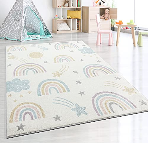 the carpet Beat Kids Moderner Weicher Kinderteppich, Weicher Flor, Pflegeleicht, Farbecht, Regenbogen Muster, Creme-Mix, 80 x 150 cm