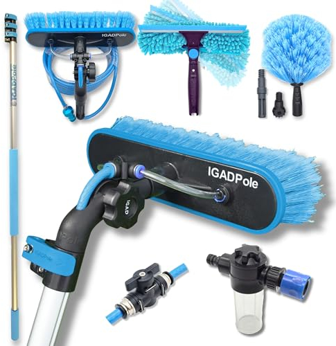 IGAD Pole 12ft Washing Kit: Water-fed Brush, Cobweb Duster and 10”(25cm) Squeegee and Soap Dispenser, with 3-Stage Telescoping Pole 5-12ft (3.6m) Pole