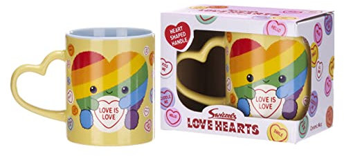 Posh Paws Swizzles Love Hearts 11OZ Arty The Big Hearty Love is Love Heart Shaped Handle Ceramic Mug, Yellow, (37755)