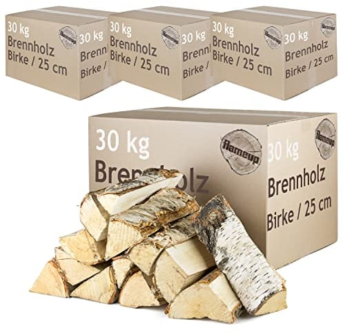 Brennholz Kaminholz Birkenholz Holz Auswahl 5-500 kg Birke Für Ofen und Kamin Kaminofen Feuerschale Grill Feuerholz Holzscheite 25 cm Kammergetrocknet Flameup, Menge:120 kg